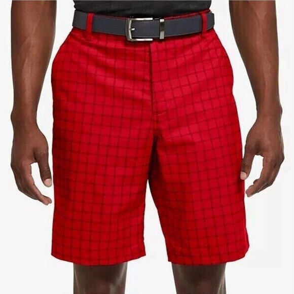 Mens Nike Red Black Check Plaid Standard Dri Fit Golf 9” Inseam - Picture 1 of 11